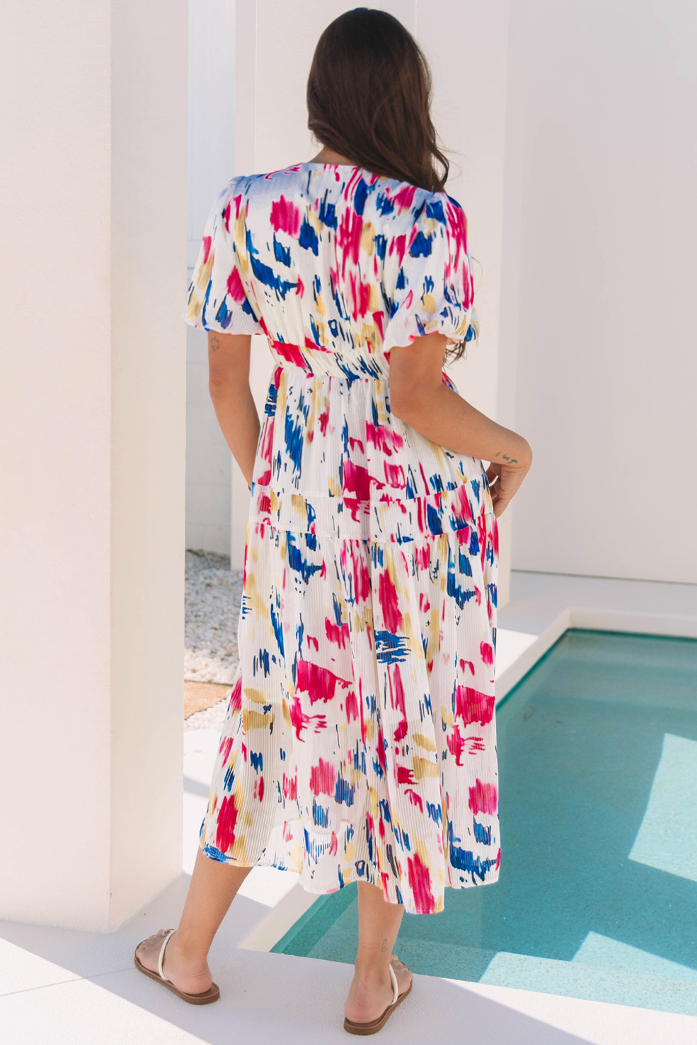Rose Abstract Print Short Puff Sleeve Tiered Maxi Dress - Image 2