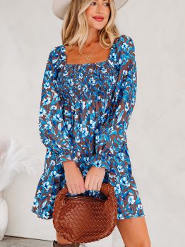 Blue Smocked Bodice High Waist Ruffled Sleeve Floral Dress
