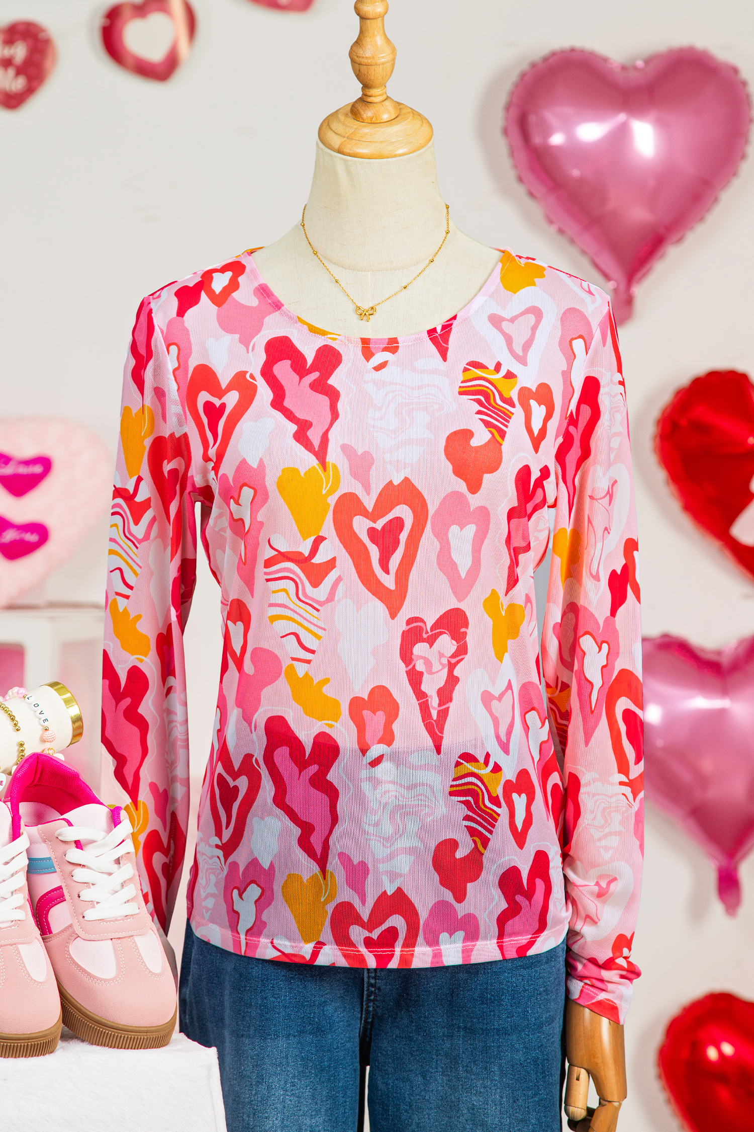 Rose Valentine Heart Mesh Long Sleeve Top - Image 8