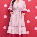 Red Stripe Plus Size Ruffled Hem Pinstriped Midi Dress