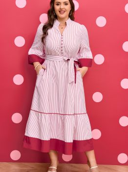 Red Stripe Plus Size Ruffled Hem Pinstriped Midi Dress