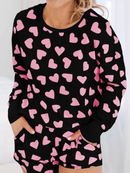 Black Valentine Heart Shape Print Long Sleeve Top Shorts Lounge Set