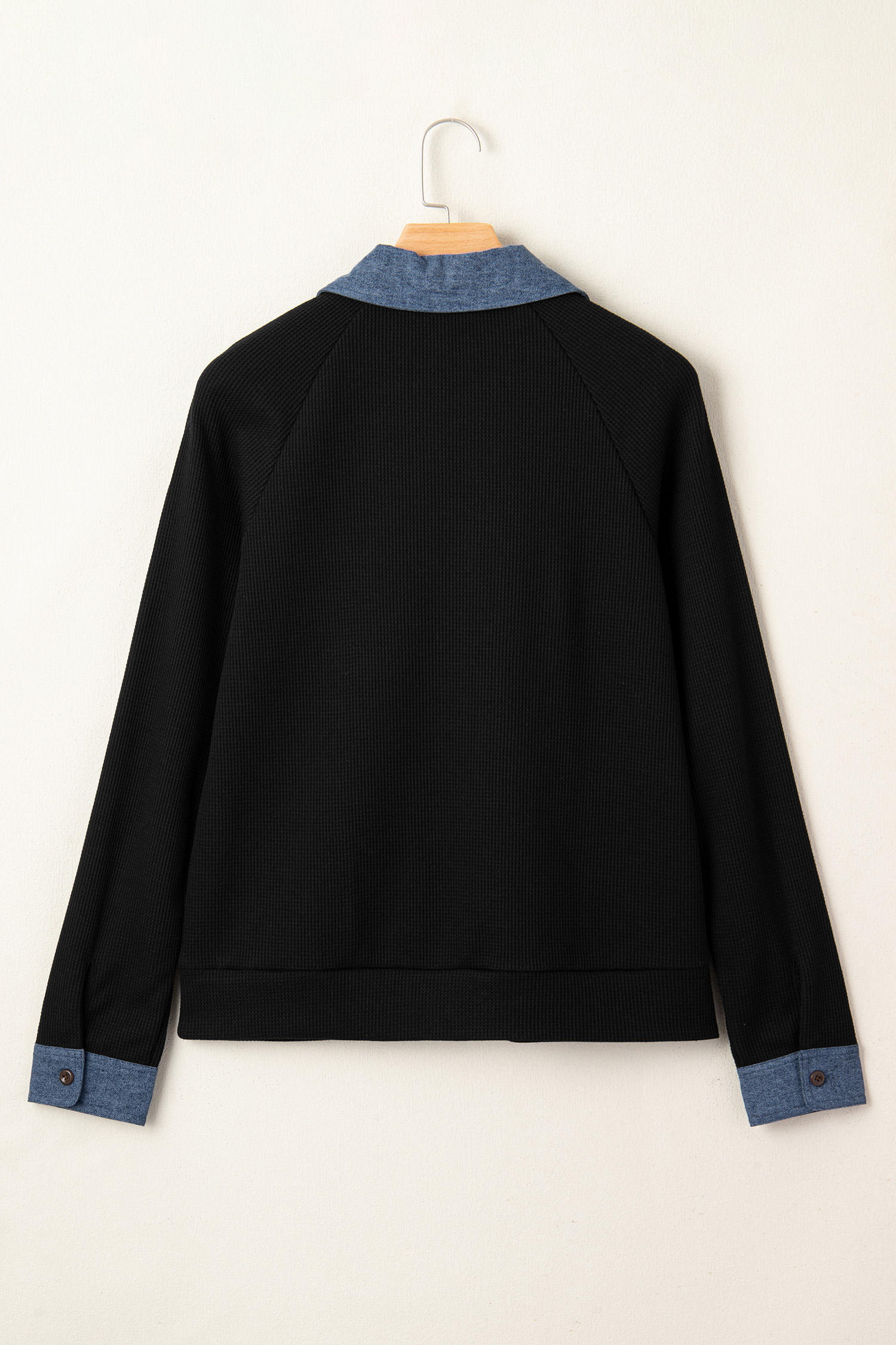 Black Textured Knit Denim Patchwork Button Polo Collar Long Sleeve Top - Image 3