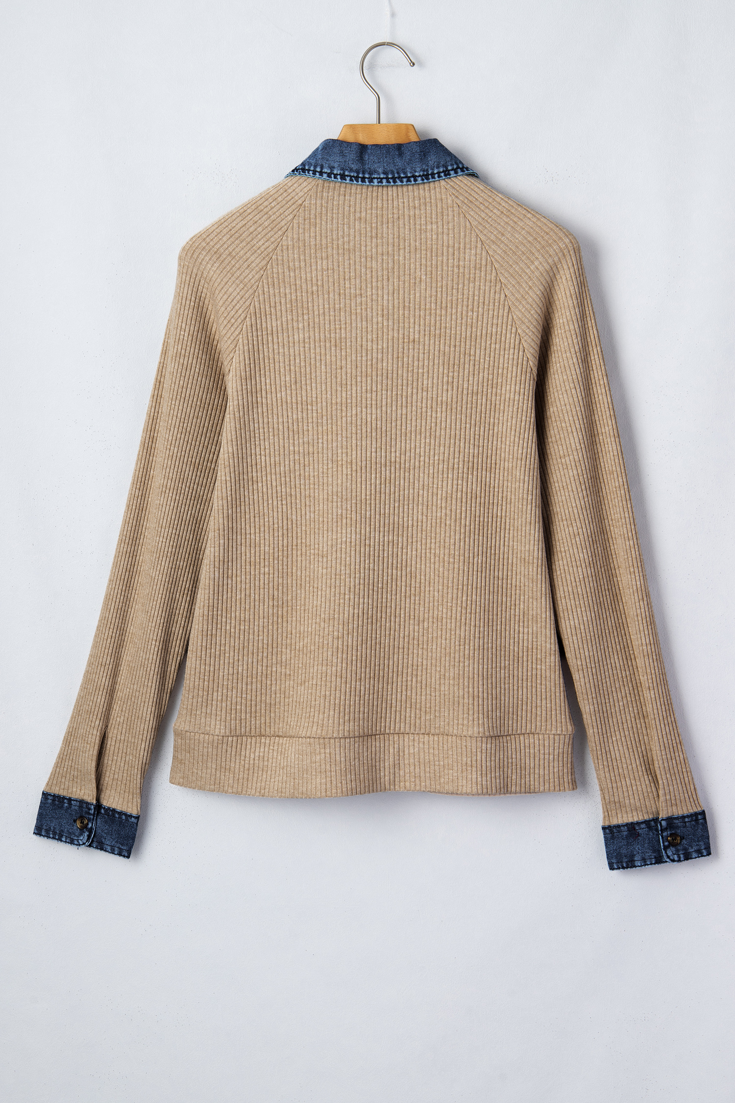 Beige Ribbed Knit Denim Patchwork Button Polo Collar Cuffed Long Sleeve Top - Image 3