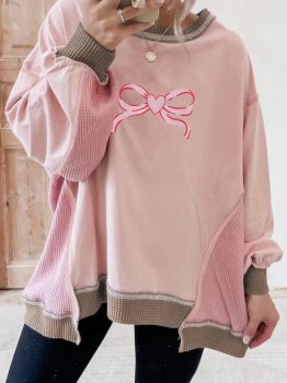 Light Pink Heart Bow Embroidered Exposed Seam Color Block Waffled Patchwork Sweatshirt