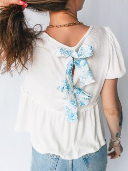 White Textured Knit V Neck Short Bubble Sleeve Peplum Top