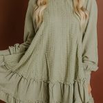 Laurel Green Jacquard Frilled Ruffled Long Sleeve Mini Dress