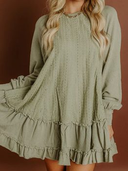 Laurel Green Jacquard Frilled Ruffled Long Sleeve Mini Dress