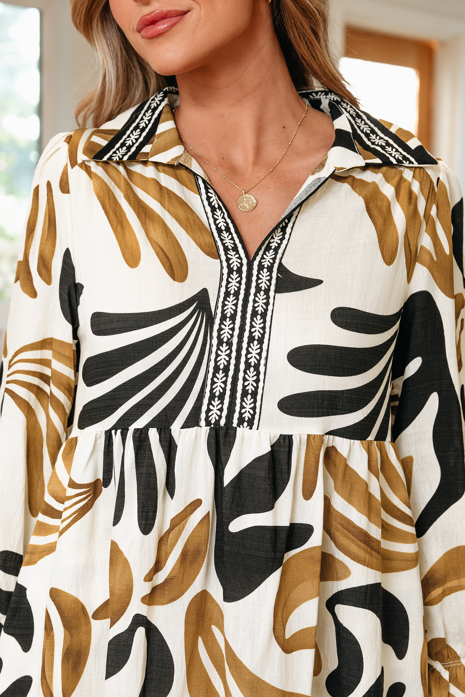 Brown Tropical Printed Contrast Trim Neck Long Sleeve Ruffle Hem Dress - Image 7