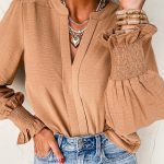 Straw Yellow Solid Color Shirred Cuff Notch V Neck Blouse