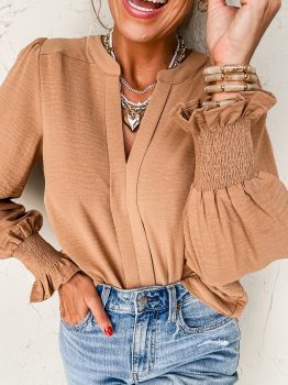 Straw Yellow Solid Color Shirred Cuff Notch V Neck Blouse
