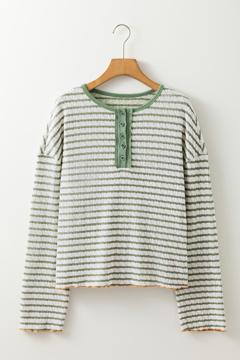 Green Stripe Textured Frilly Trim Buttons Henley Long Sleeve Top - Image 3