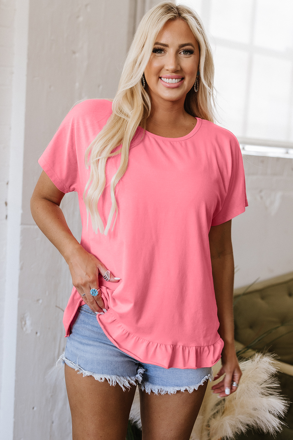 Pink Frilled Hem Loose T-Shirt - Image 4