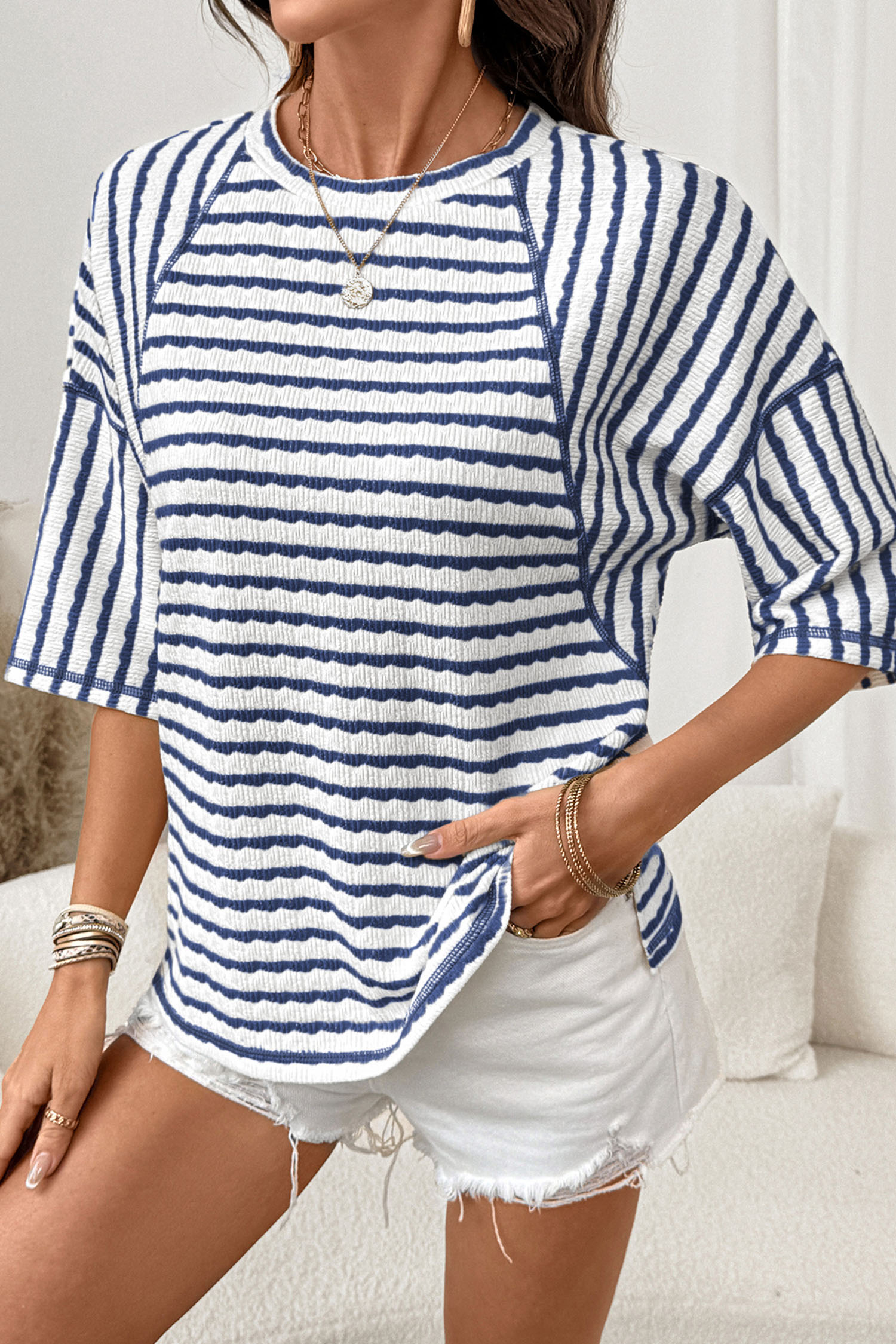 Blue Stripe Textured Knit Split Hem Half Sleeve Loose Top - Image 4
