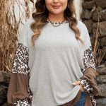 Gray Plus Size Leopard Color Block Patchwork Dolman Sweatshirt