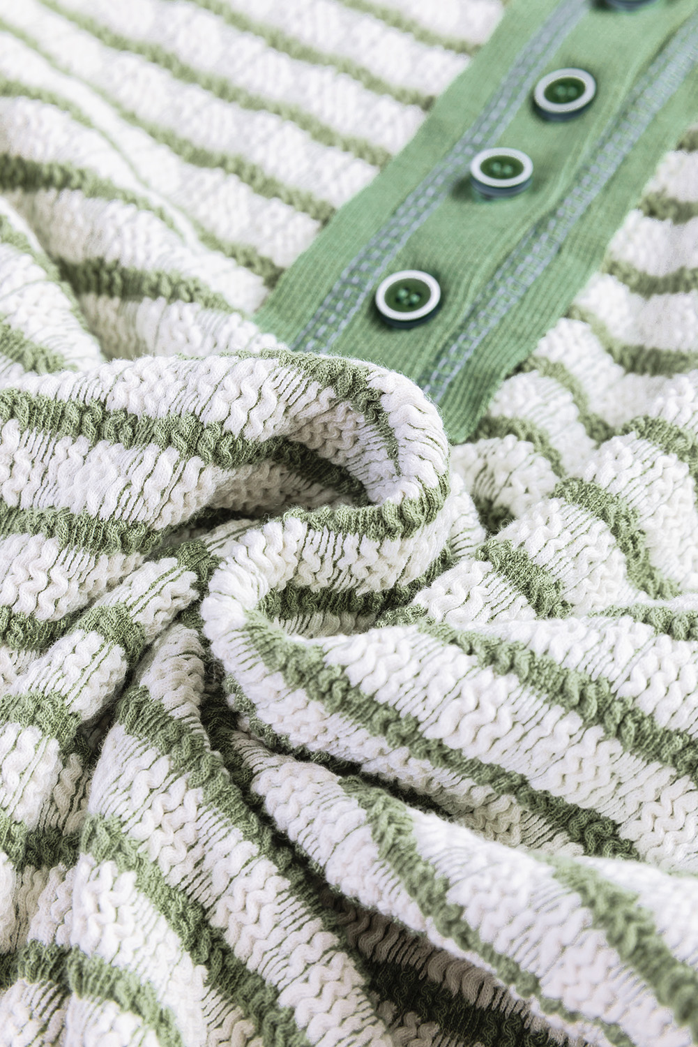 Green Stripe Textured Frilly Trim Buttons Henley Long Sleeve Top - Image 7