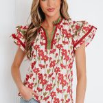 Red Floral Print Contrast Trim V Neck Double Ruffled Short Sleeve Blouse