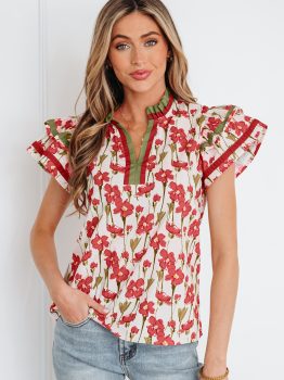 Red Floral Print Contrast Trim V Neck Double Ruffled Short Sleeve Blouse