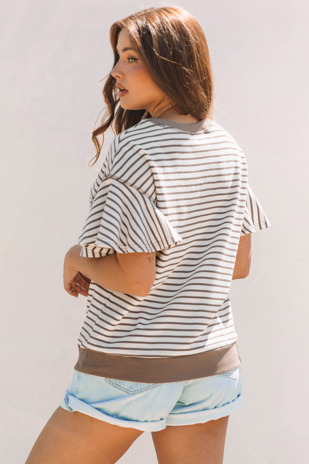 Parchment Contrast Detail Striped Ruffle Short Sleeve Top - Image 2