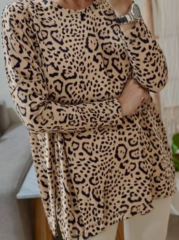 Khaki Leopard Print Long Batwing Sleeve Loose Top