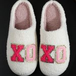 White XO XO Glitter Trim Letter Patched Plush House Slippers
