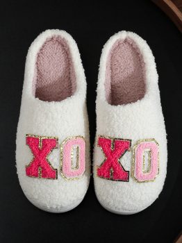 White XO XO Glitter Trim Letter Patched Plush House Slippers