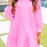 Pink Contrast Striped Collar Patchwork Puff Sleeve Ruffle Hem Mini Dress