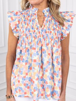 Pink Shirred Yoke Ruffled Abstract Printed Blouse
