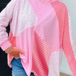 Sachet Pink Striped Colorblock Exposed Seam Casual Long Sleeve Top