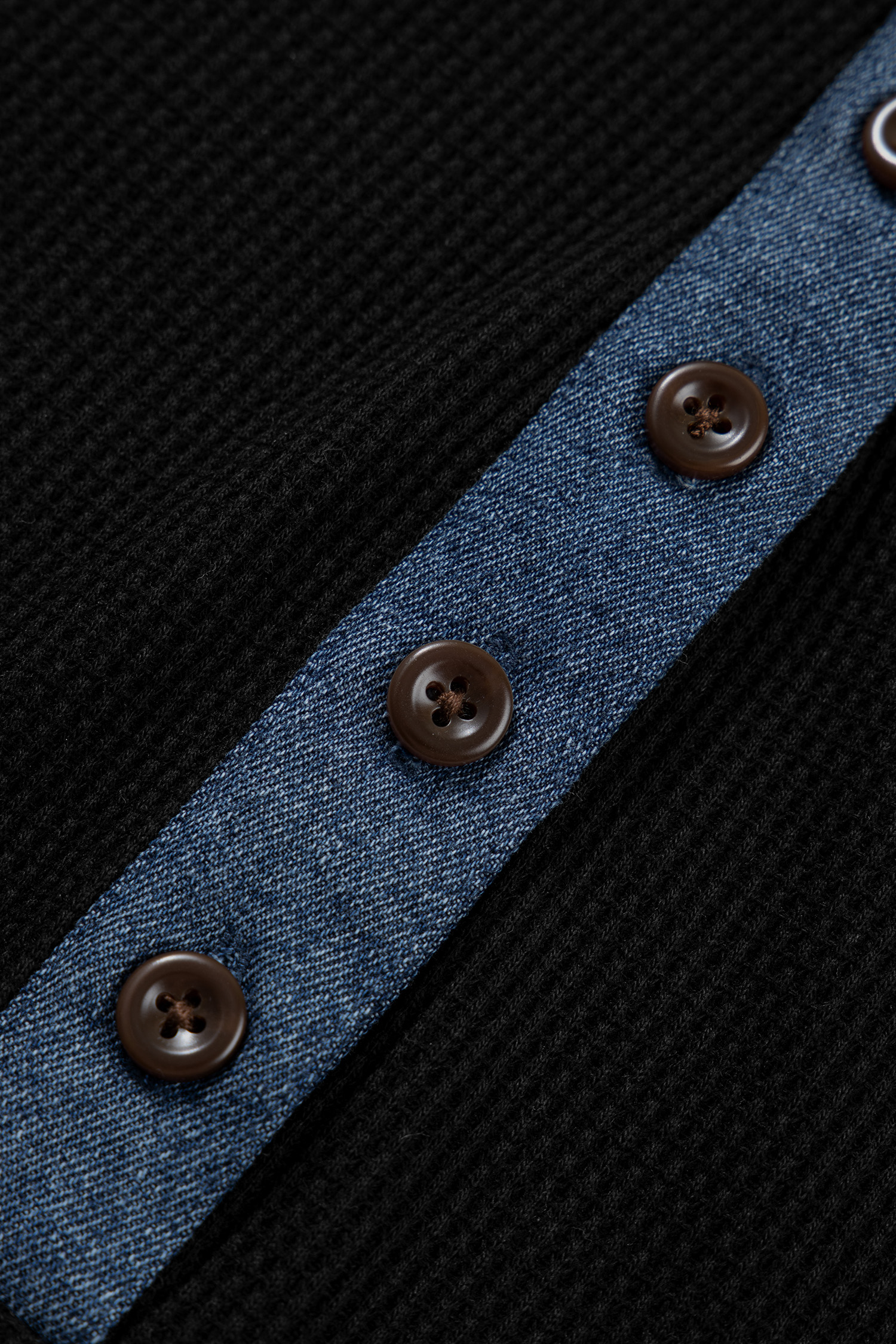 Black Textured Knit Denim Patchwork Button Polo Collar Long Sleeve Top - Image 8