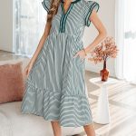 Green Stripe Double Ruffled Short Sleeve Contrast Trim V Neck Midi Dress