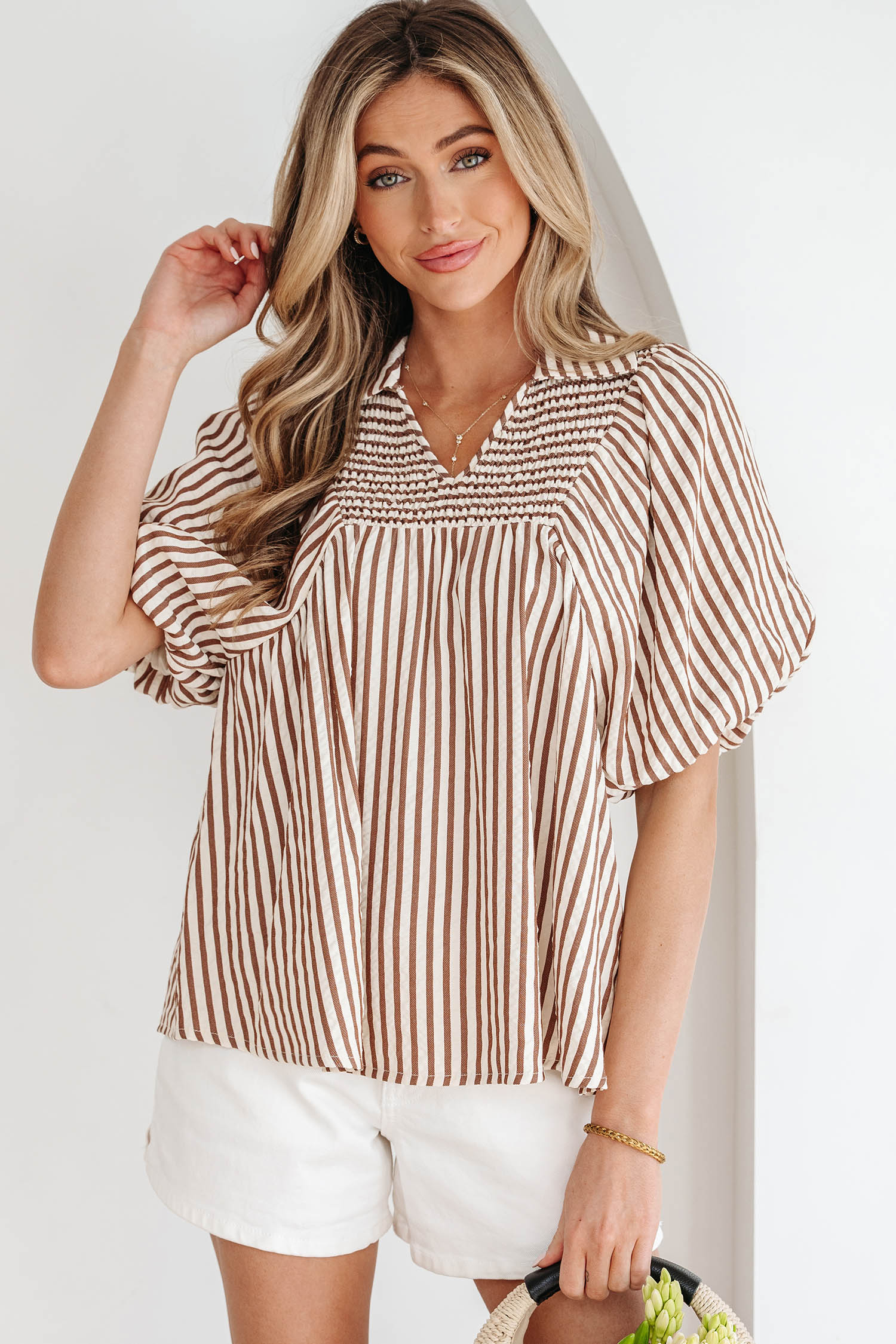 Brown Stripe Shirred V Neck Short Puff Sleeve Blouse - Image 6