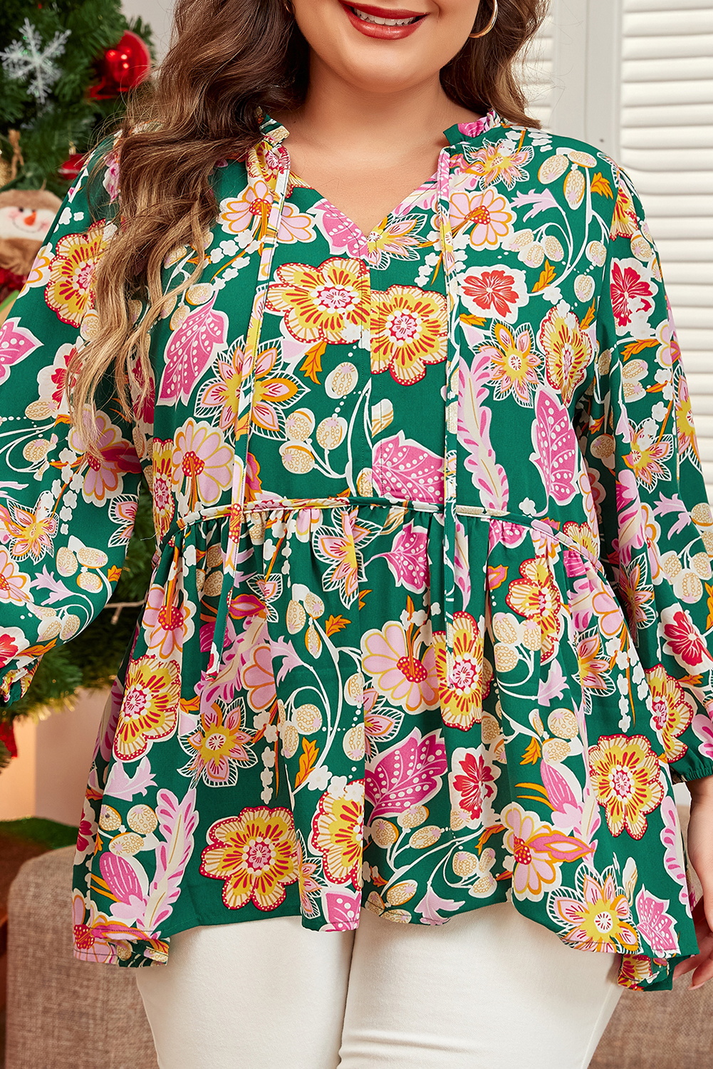 Green Floral Tied V Neck Long Sleeve Plus Size Babydoll Top - Image 7