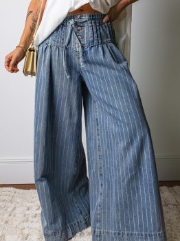 Sky Blue Stripe Button Pleated Drawstring Waist Casual Wide Leg Jeans