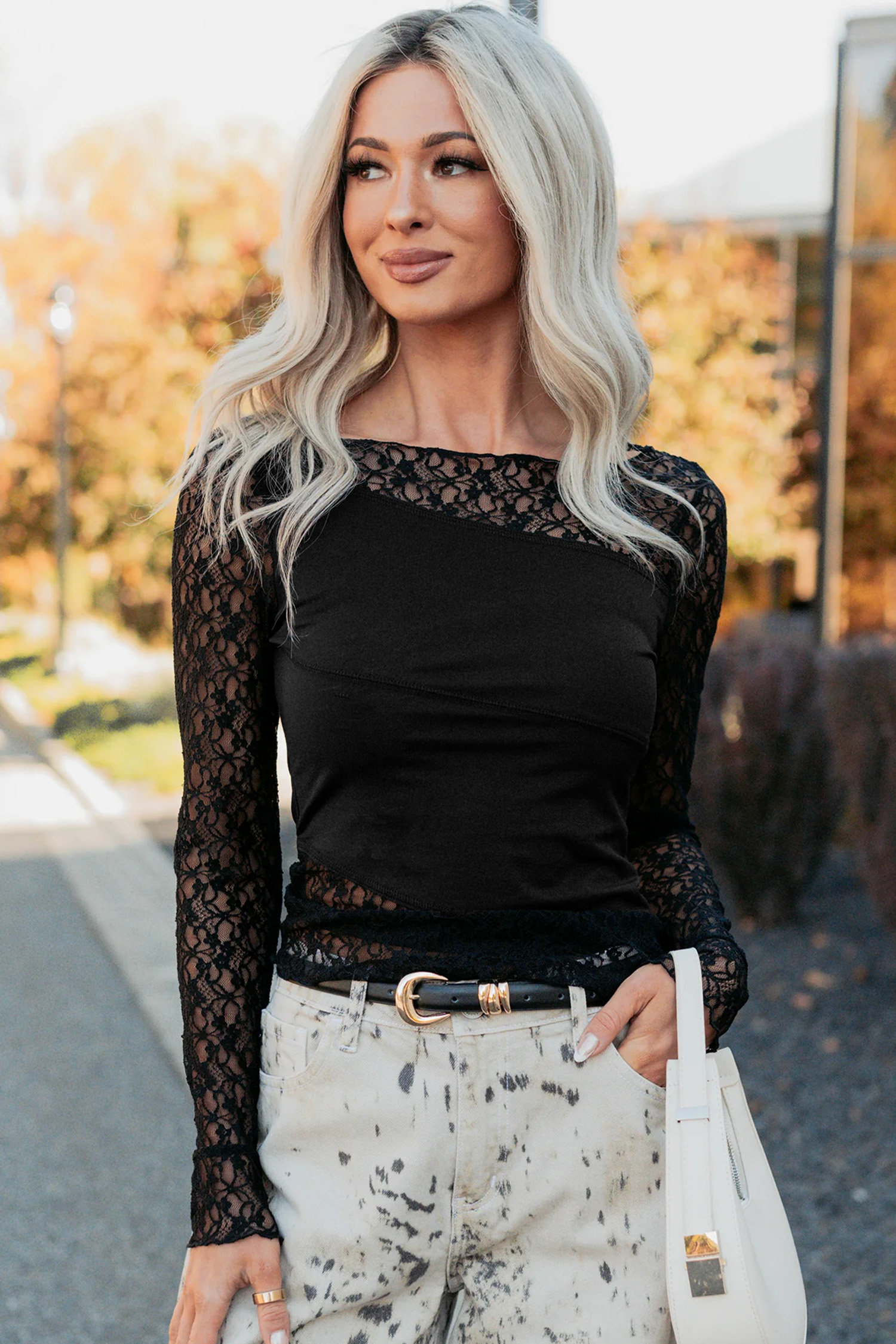 Black Asymmetric Panels Sheer Floral Lace Patchwork Long Sleeve Top - Image 5