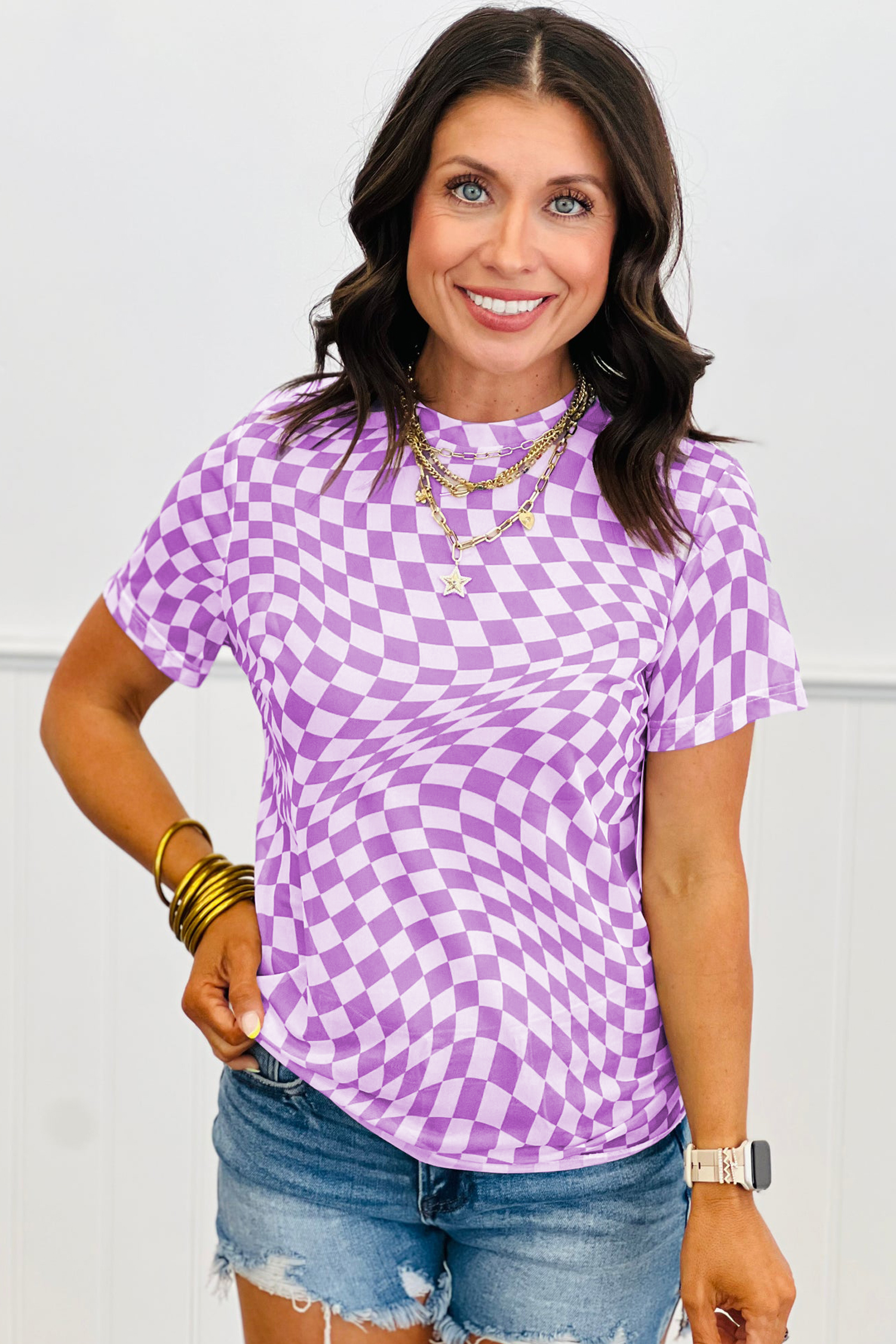 Purple Checkered Print Mock Neck Mesh T Shirt - Image 8