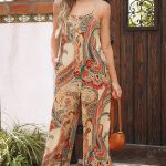 Red Paisley Printed Spaghetti Straps Elegant Wide Leg Jumpsuit