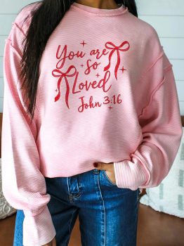Pink you are so loved Valentines Day Bow Embroidered Graphic Pullover Top