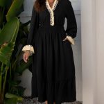 Black Contrast Leopard Frilled Trim V Neck Bracelet Sleeve Midi Dress