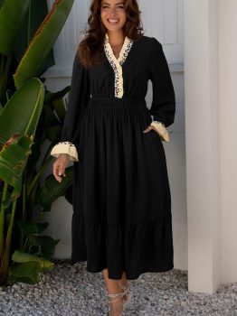 Black Contrast Leopard Frilled Trim V Neck Bracelet Sleeve Midi Dress