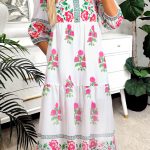 White Floral Print Half Button Mandarin Neck 3/4 Sleeve Maxi Dress