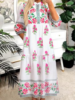White Floral Print Half Button Mandarin Neck 3/4 Sleeve Maxi Dress