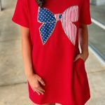 Fiery Red Sequin Trim Stars and Stripes Bow Patched T Shirt Mini Dress