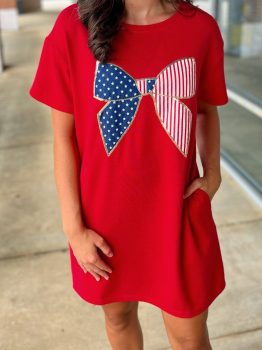 Fiery Red Sequin Trim Stars and Stripes Bow Patched T Shirt Mini Dress