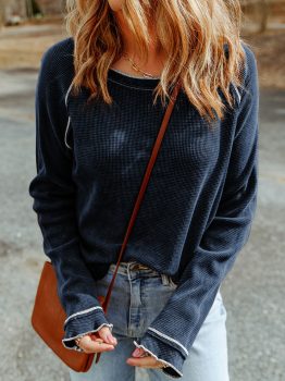 Blue Textured Round Neck Long Sleeve Top