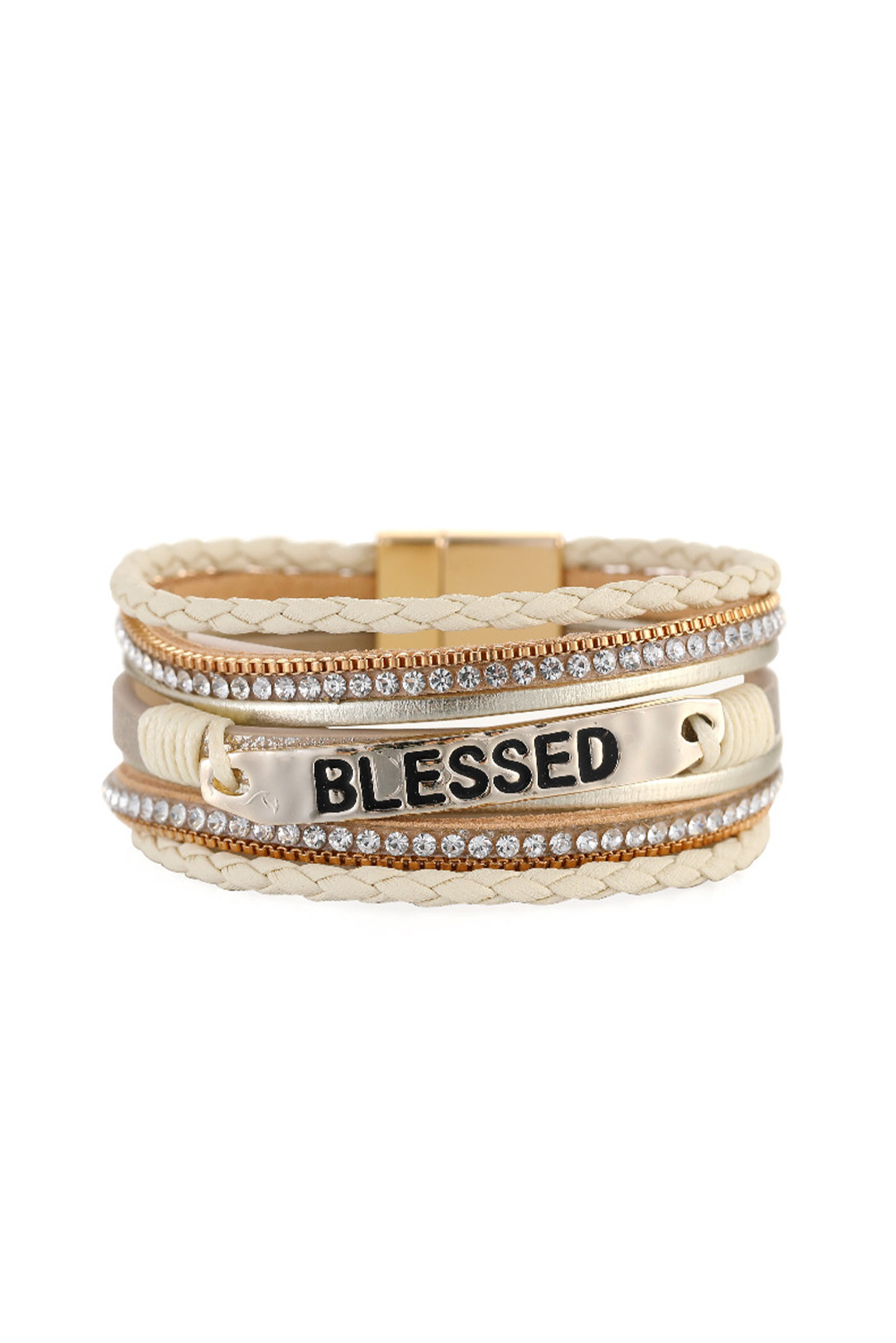 Beige BLESSED Rhinestone Braided Detail Buckle Bracelet - Image 6