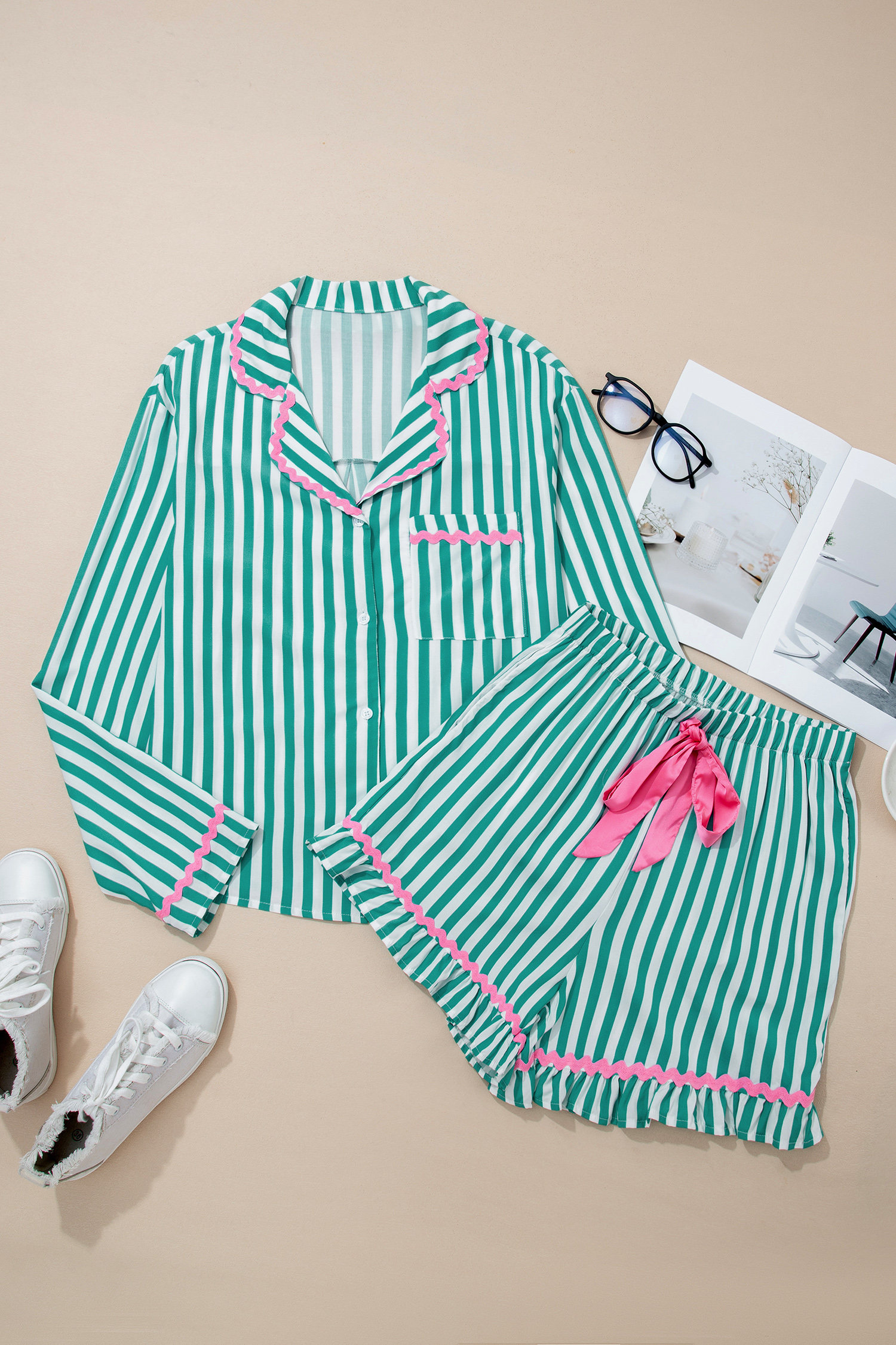 Green Stripe Contrast Ricrac Trim Long Sleeve Shirt Drawstring Ruffled Pajama Short Set - Image 6