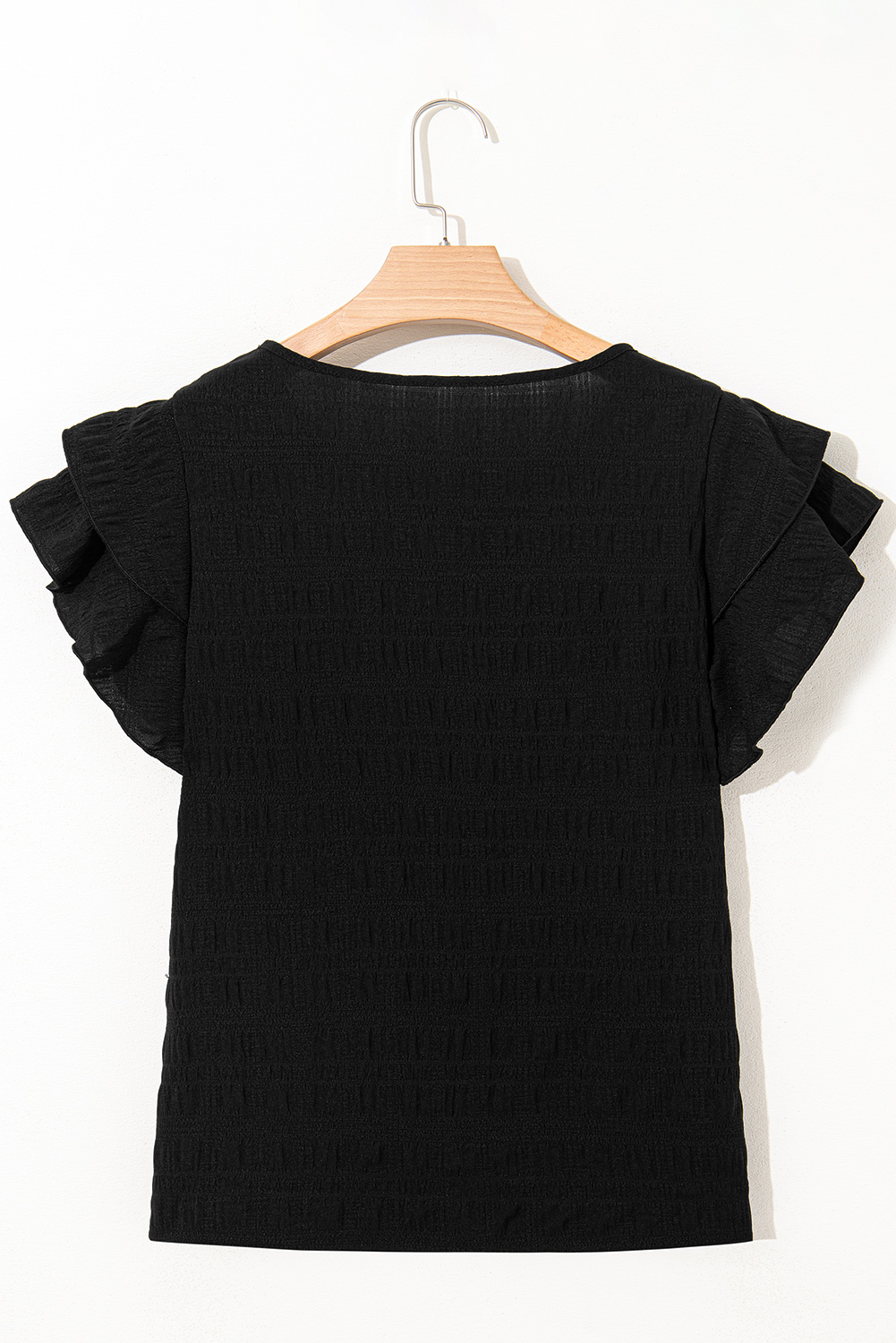 Black Textured Ruffled Sleeve Round Neck Top - Image 5