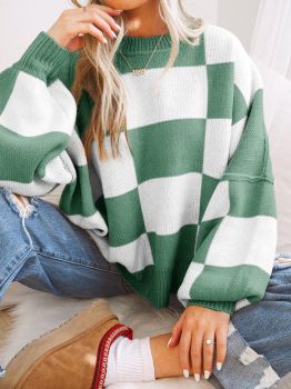 Green Checkered Bishop Sleeve Sweater