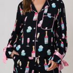 Color black Christmas Wine Glass Print Bow Knot Two Piece Pajama Set